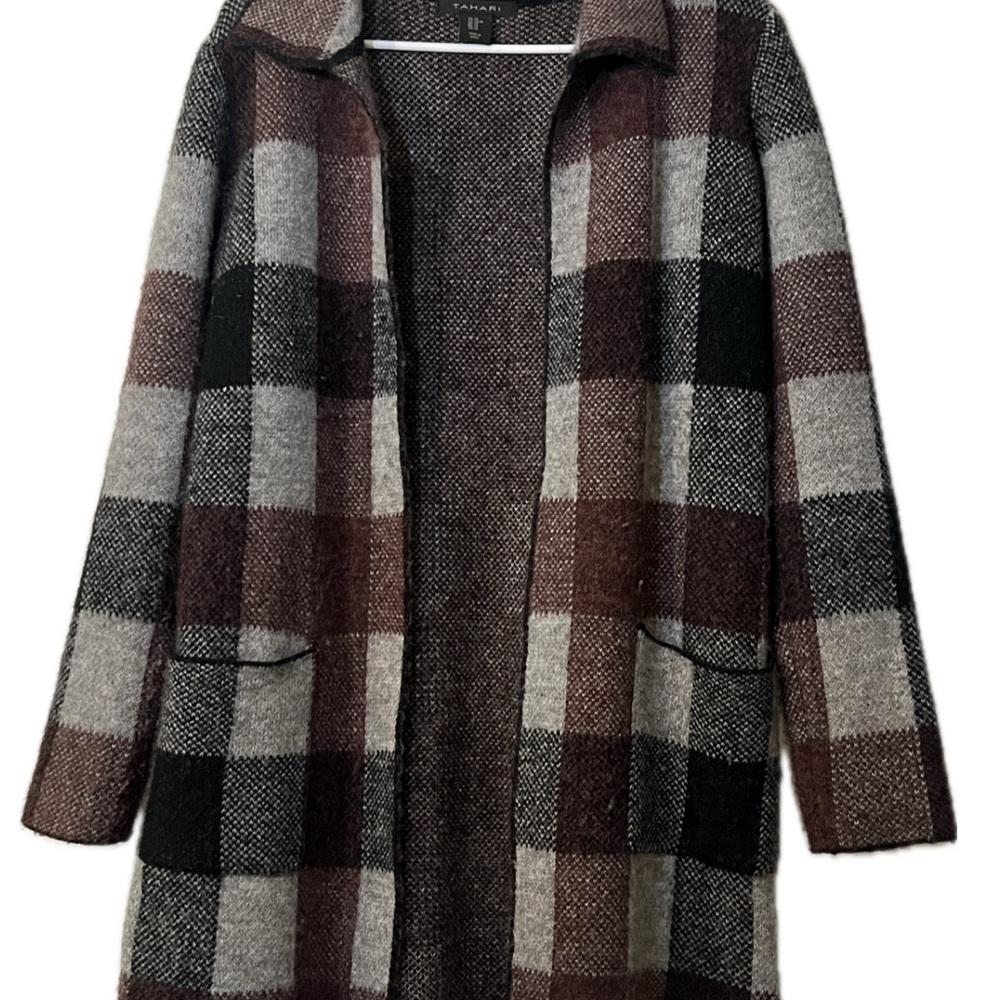 Tahari Plaid Open Front Coat